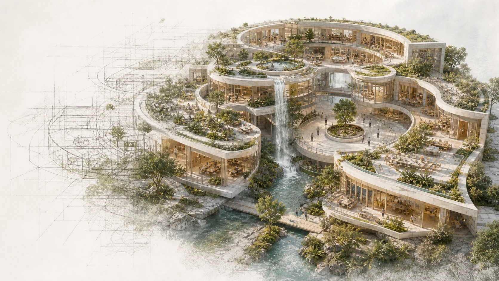 A visionary nature-filled company campus drawn partly in graphite and partly as a living architectural model, with planted terraces, collaborative studios and a waterfall flowing through its centre.