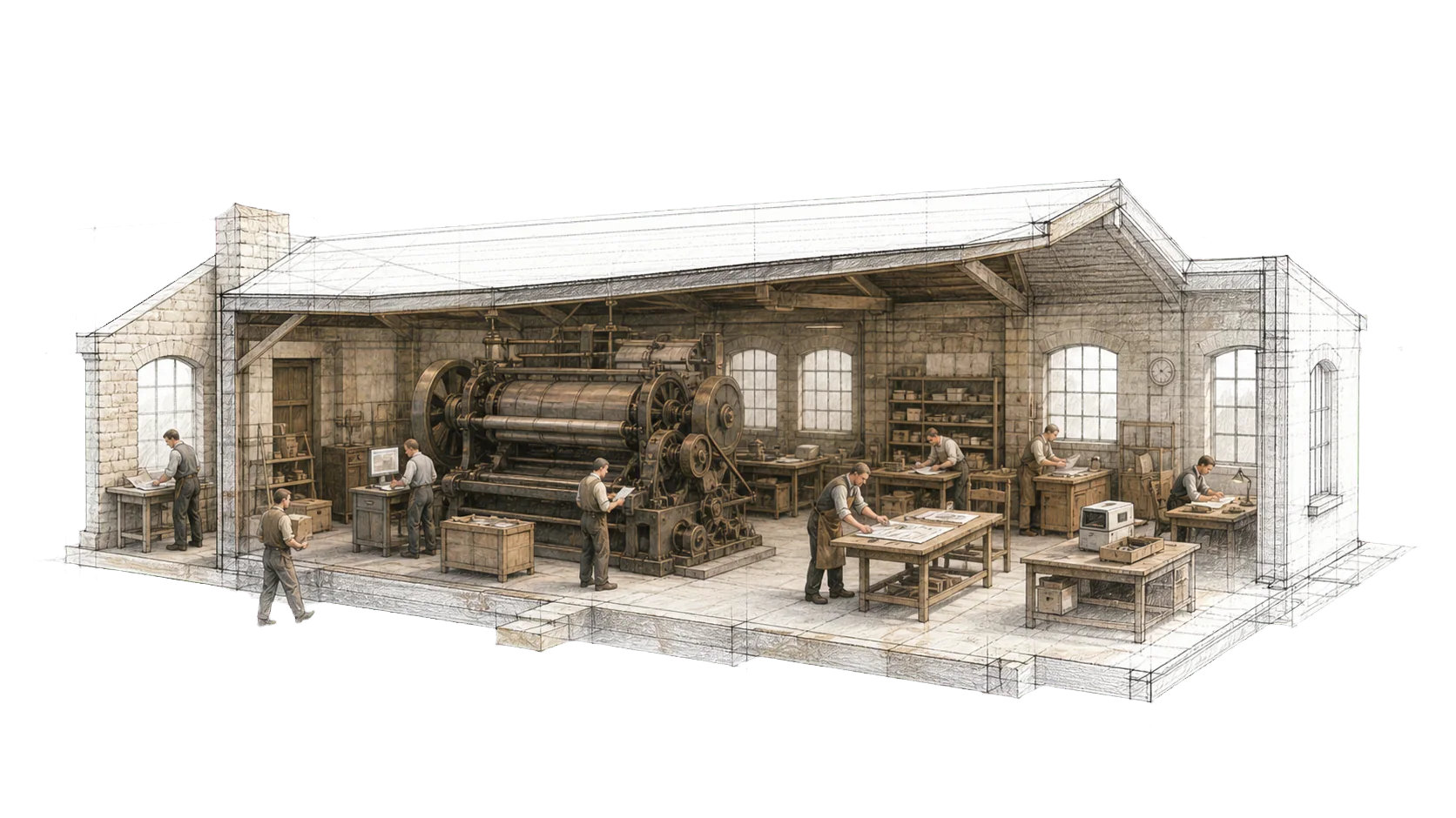 An inherited stone factory where people still perform the old manual workflow around one large traditional machine, with only small desktop AI assistance.