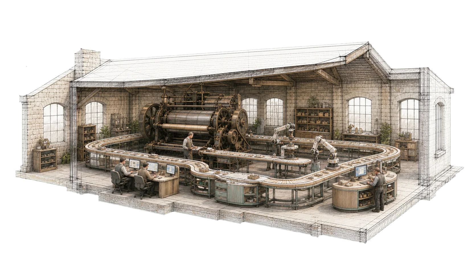 The same inherited factory reorganised around a continuous automated workflow, robotic work cells and a smaller human control team.