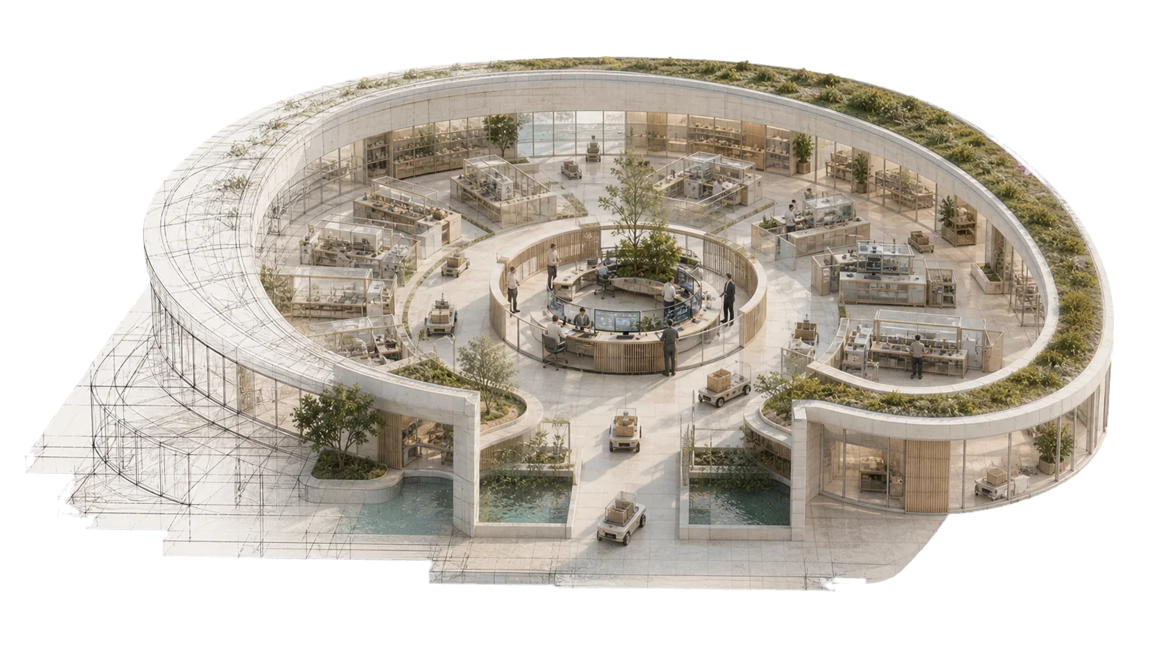 A separate purpose-built AI-native facility with a curved planted roof, modular autonomous work cells and a small human command team at its centre.