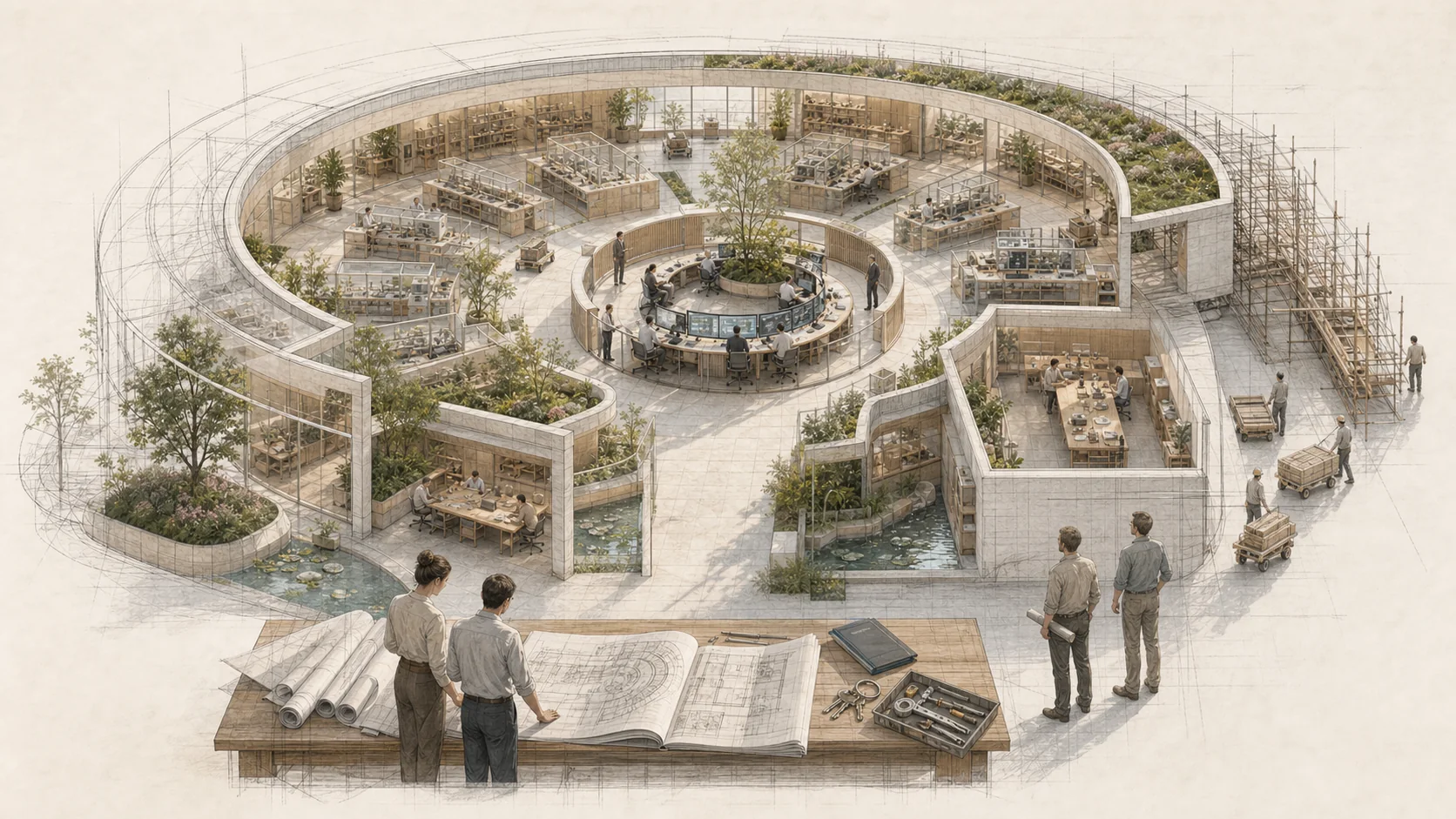 A completed circular AI-native company facility operated by its own team, with plans and tools on a handover table while temporary scaffolding is removed from one outer edge.