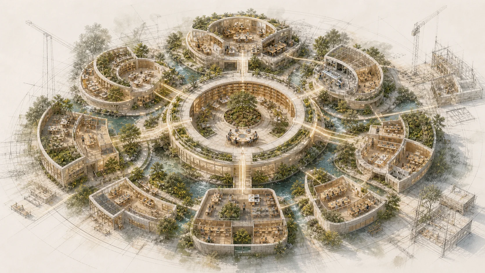 A bird's-eye architectural model of a company built like a small civilisation, with one central library and council surrounded by connected specialist work districts, gardens, waterways and new areas under construction.