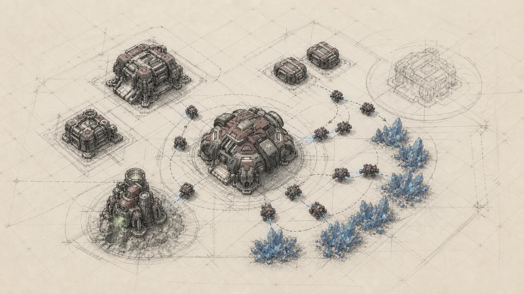 A graphite architectural site plan of a StarCraft II Terran base, with a central Command Center, SCVs moving between mineral fields, a Barracks, Supply Depots, a Refinery and planned expansion space on a square grid.