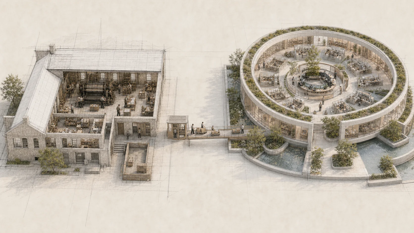 Two separate company buildings on one architectural site plan: an active inherited stone factory and a new circular AI-native facility connected by a single narrow transfer bridge and inspection point.